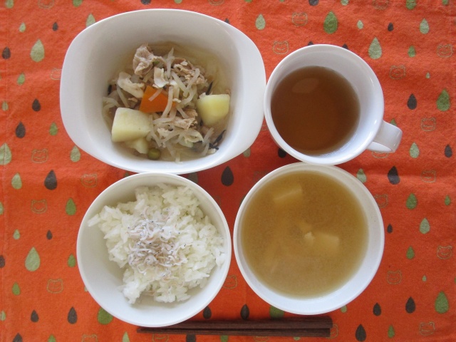 4月9日 木 ごはん 切り干し大根と豚肉の煮物 豆腐と油揚げの味噌汁 椥辻こども園